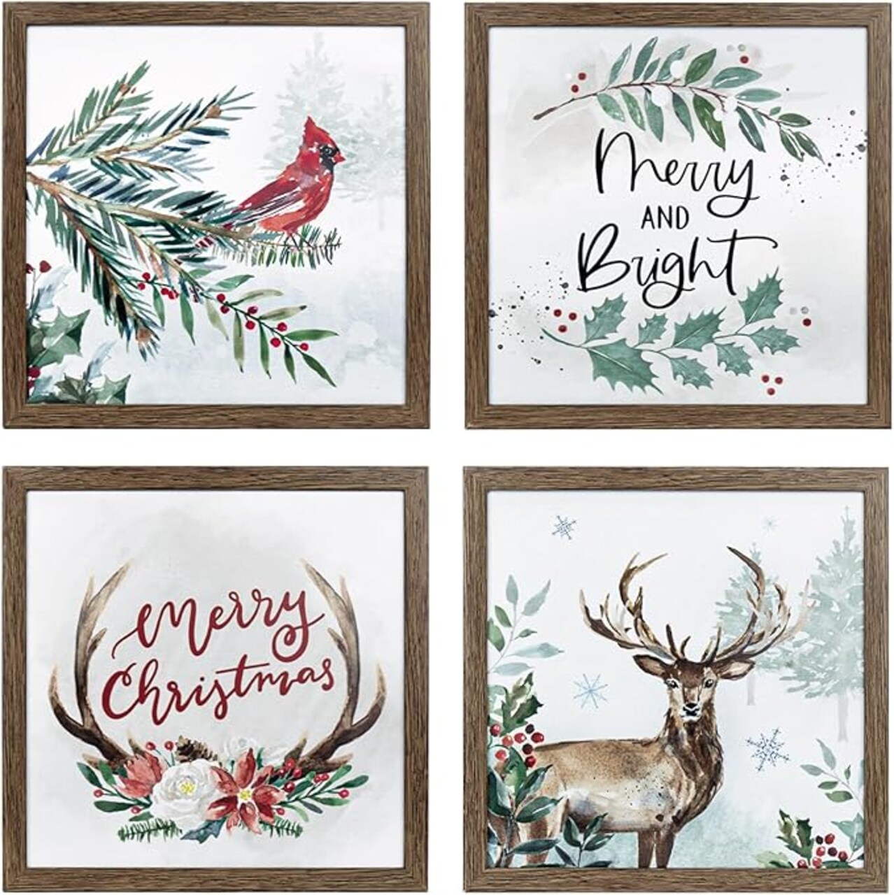 ArtbyHannah Framed Christmas Wall Art, Deer Christmas Wall Decor, 4 Pack 10x10 Inch Christmas Pictures Wall Decor with Robin, Indoor Christmas Decorations for Home